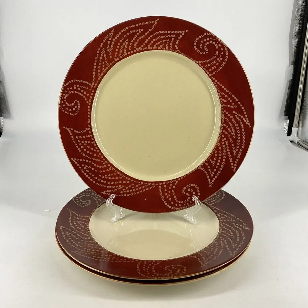 Set of 3 Pier 1 Matira Red Scroll Rim Dinner Plates 10.5” Stoneware